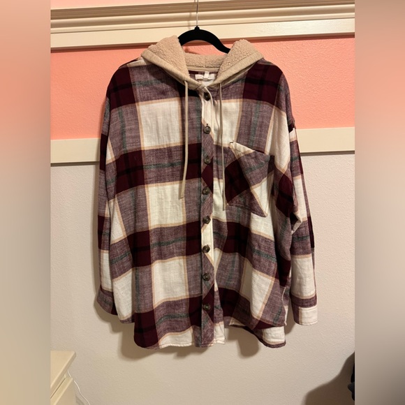 Maurices Jackets & Blazers - Maurice’s Plus Size Cabin Buffalo Plaid Maroon Boyfriend Hooded Flannel